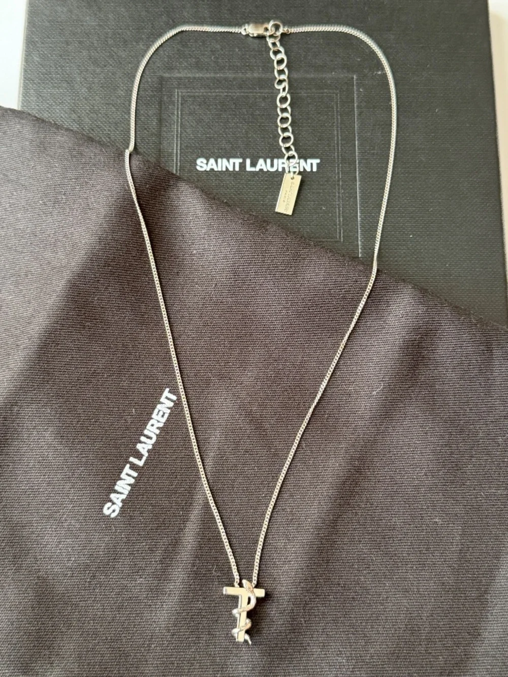 Saint Laurent YSL Sterling Silver T Initial Letter Snake Pendant Chain Necklace